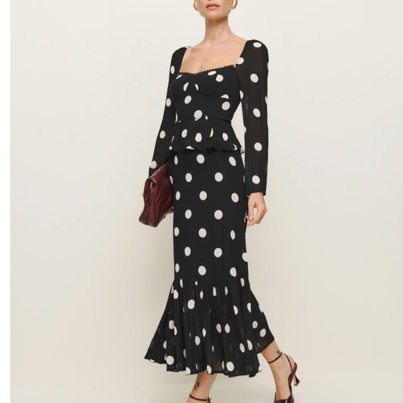 NEW Reformation Zandra Midi Dress - Moon Dot French Polka Dot - Picture 5 of 13